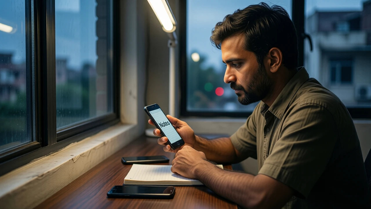An Indian man writer in a plain unprinted olive shirt at a narrow desk by a window at dusk, two Android phones lying face up beside a paper notebook, looking at a third phone in his own right hand whose screen shows the large word "Notes", a white tube light overhead