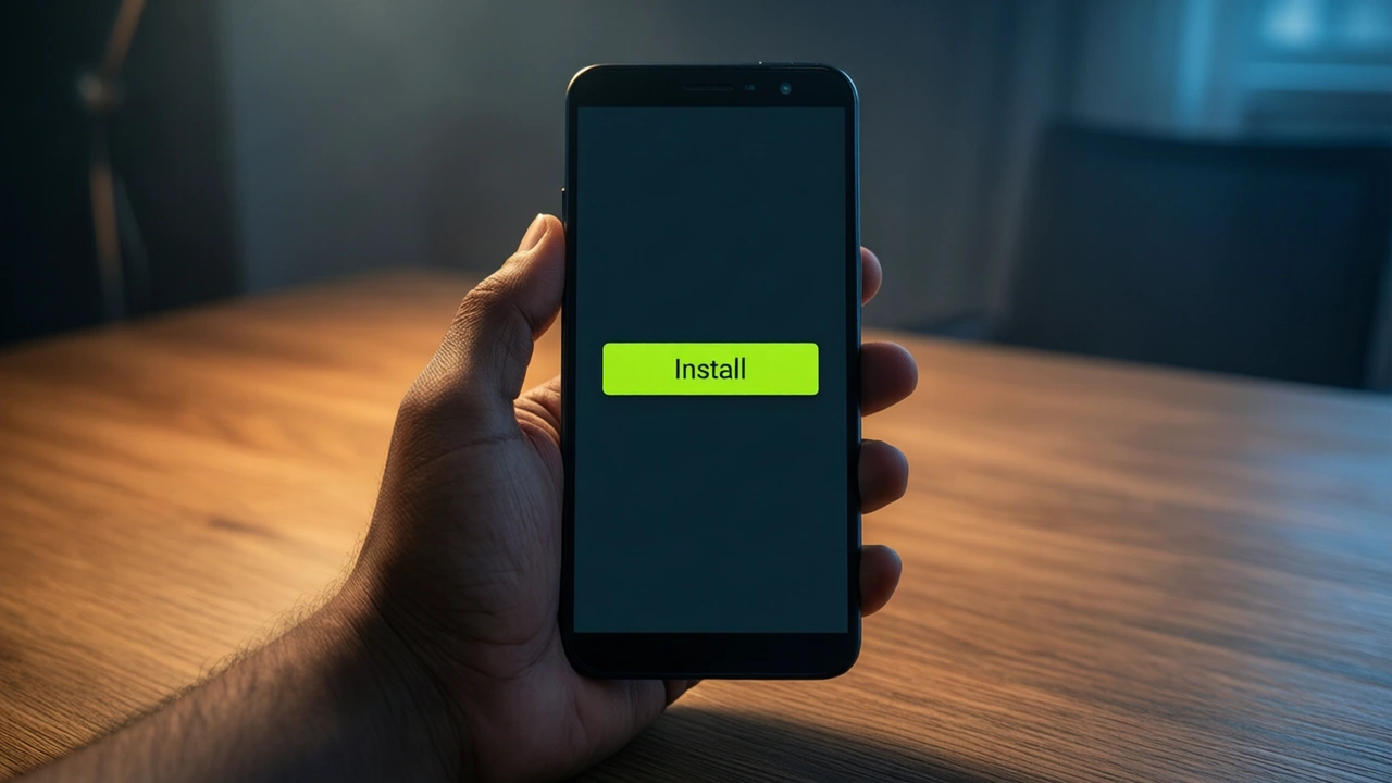 Close view of an Indian man's own left hand holding an Android phone upright over a wooden desk at night, the screen dark charcoal edge to edge showing a single wide lime green button with the large word "Install" in the middle