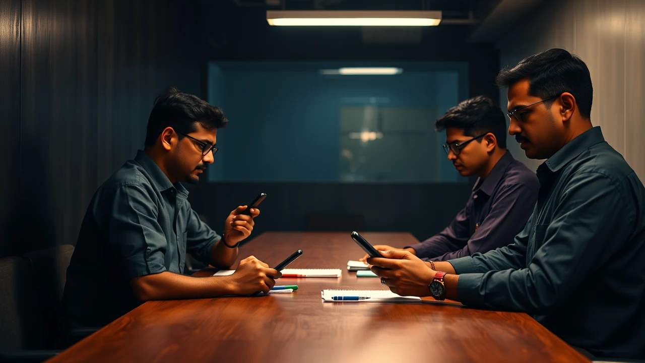 Three Indian adults in plain unprinted shirts seen from the side at a long wooden table in a small office at night, each looking at the phone in their own hands, paper notebooks and pens between them, a white tube light overhead