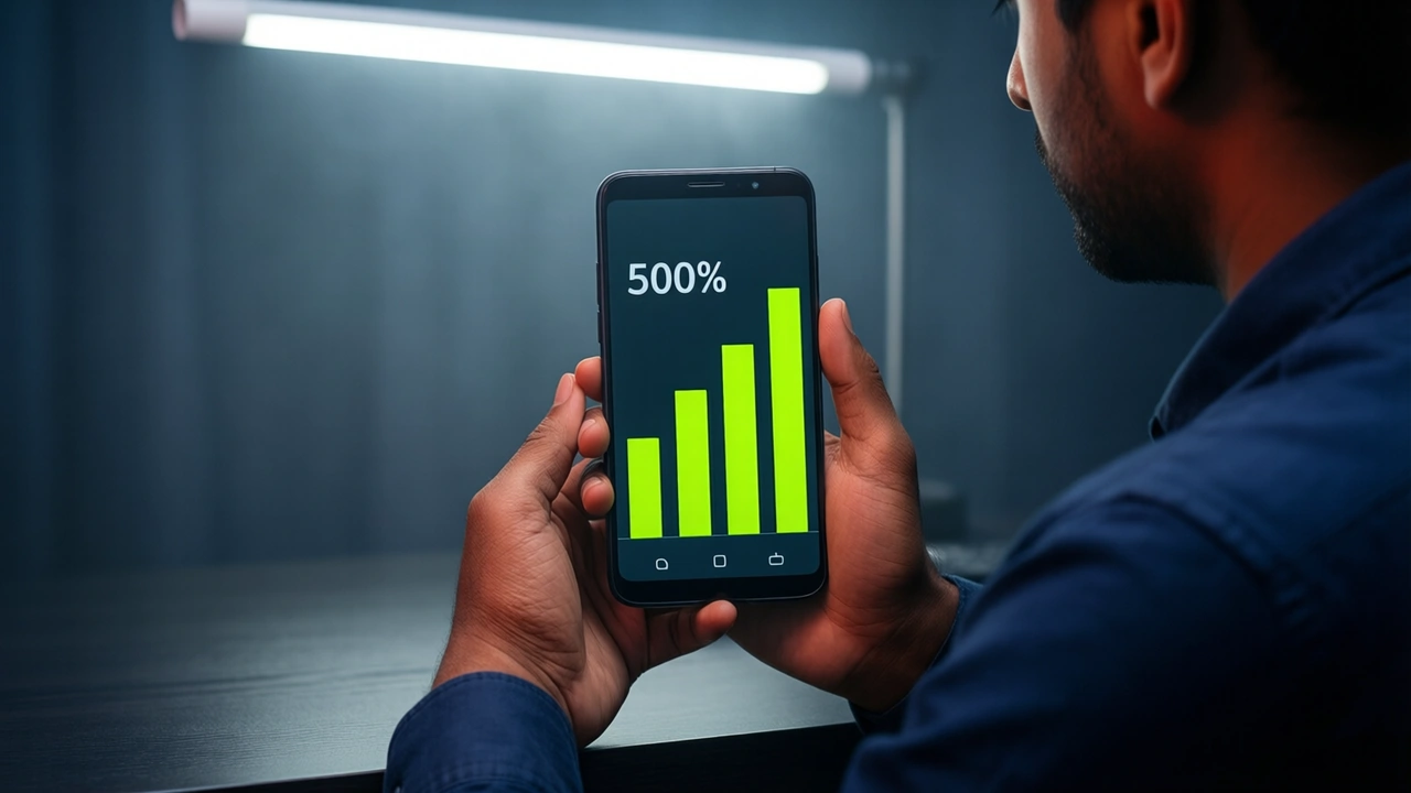 Three-quarter view of an Indian man in a plain unprinted navy shirt at a dark desk in the evening, holding an Android phone at chest height in his own two hands, the screen showing the large number "500%" above four lime green bars of rising height, a white tube light overhead
