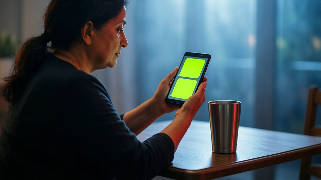 An Indian woman in her forties sitting at a small dining table in the evening, seen in three-quarter view, holding an Android phone at chest height in her own two hands, its screen turned slightly toward us showing two plain empty lime green chat bubbles with nothing written inside them and the large word "Support" at the top, a steel tumbler beside her
