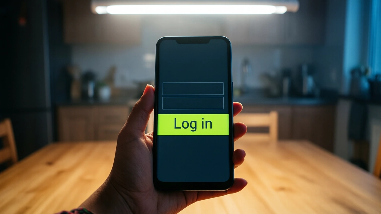 Close view of an Indian woman's own right hand holding an Android phone upright at a kitchen table under a white tube light in the evening, the screen dark charcoal edge to edge showing a lime green bar with the large word "Log in" and above it two plain empty rows