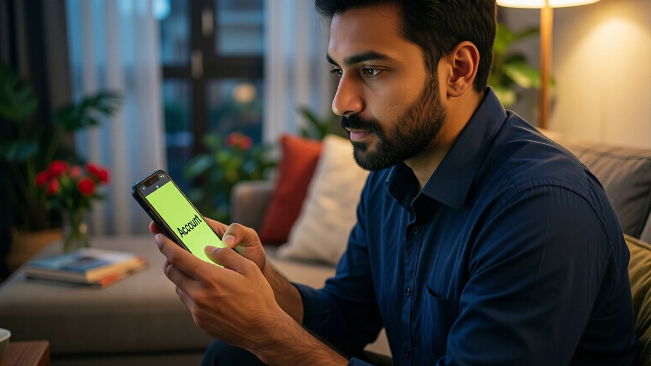 An Indian man in his thirties with a trimmed beard and a plain unprinted dark blue shirt, sitting on a sofa in a living room in the evening and seen in three-quarter view, looking down at a smartphone held at chest height in his own two hands, its screen angled slightly toward us showing only the large word "Account" in dark letters on lime green, warm side light