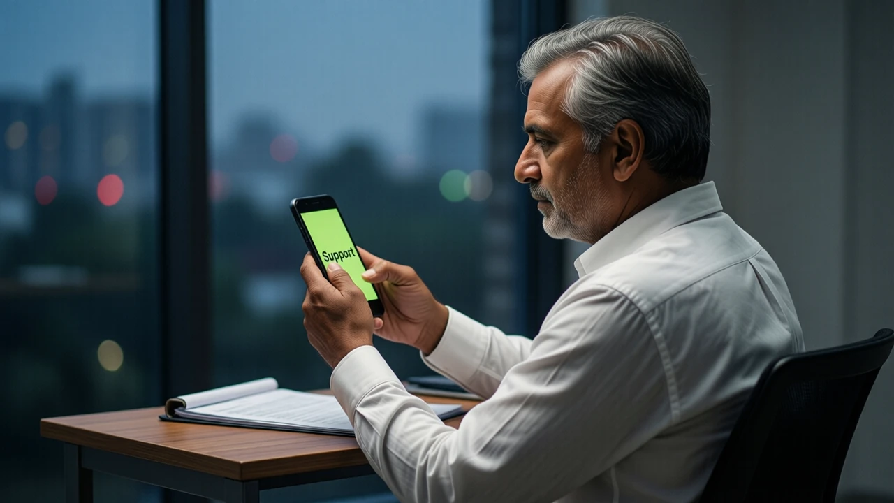 An Indian man in his forties with greying hair and a plain unprinted white shirt, seated at a small office desk in the evening and seen in three-quarter view, holding a phone at chest height in his own two hands with its screen angled slightly toward us showing only the large word "Support" in dark letters on lime green, a paper ledger closed beside him