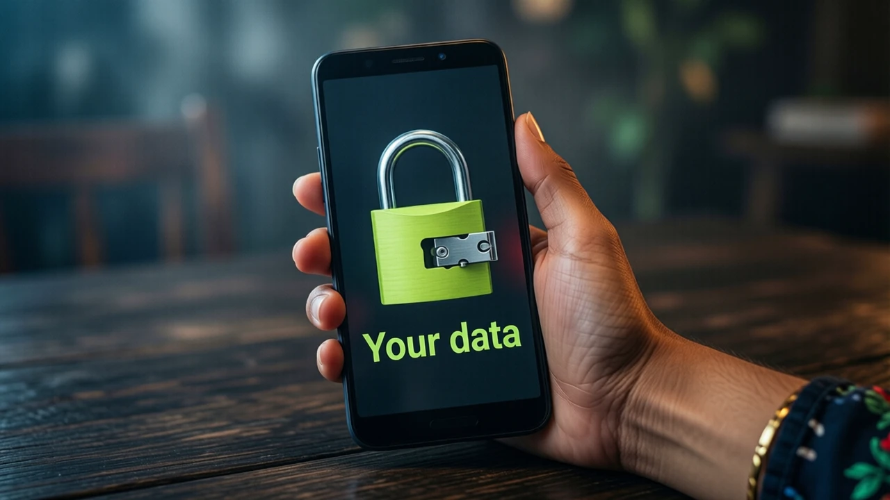 Close view of an Indian woman's own right hand holding an Android phone upright at a dark table at night, the screen dark charcoal edge to edge showing a large closed lime green padlock with its shackle locked shut and below it the large words "Your data"