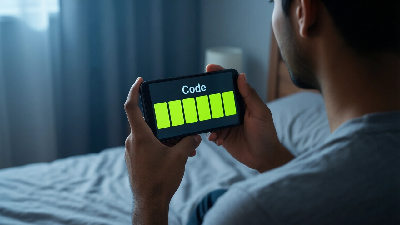 Over-the-shoulder view of a young Indian man in a plain unprinted grey t-shirt sitting on a bed in a small room at night, his own two hands holding an Android phone whose screen is dark charcoal and shows six large lime green boxes in a row with the large word "Code" above them