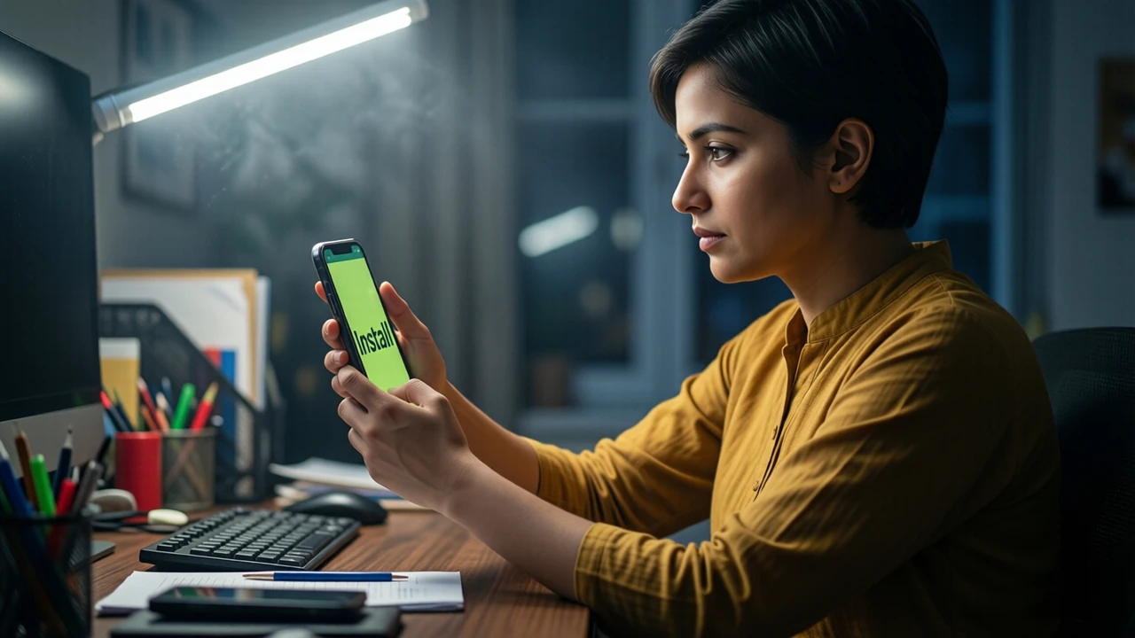 An Indian woman in her late twenties with short hair and a plain unprinted mustard kurta, seated at a home desk at night and seen in three-quarter view, holding a phone at chest height in her own two hands with its screen angled slightly toward us showing only the large word "Install" in dark letters on lime green, a white tube light overhead