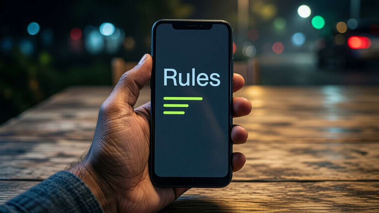Close view of an Indian man's own left hand holding an Android phone upright over a wooden table at night, the screen dark charcoal edge to edge showing the large word "Rules" at the top and three short lime green lines below it